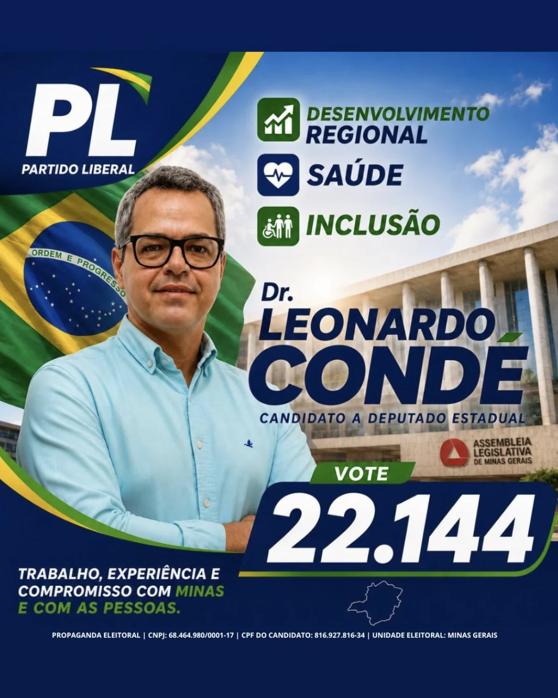 Peça oficial da campanha do Dr. Leonardo Condé, número 22144
